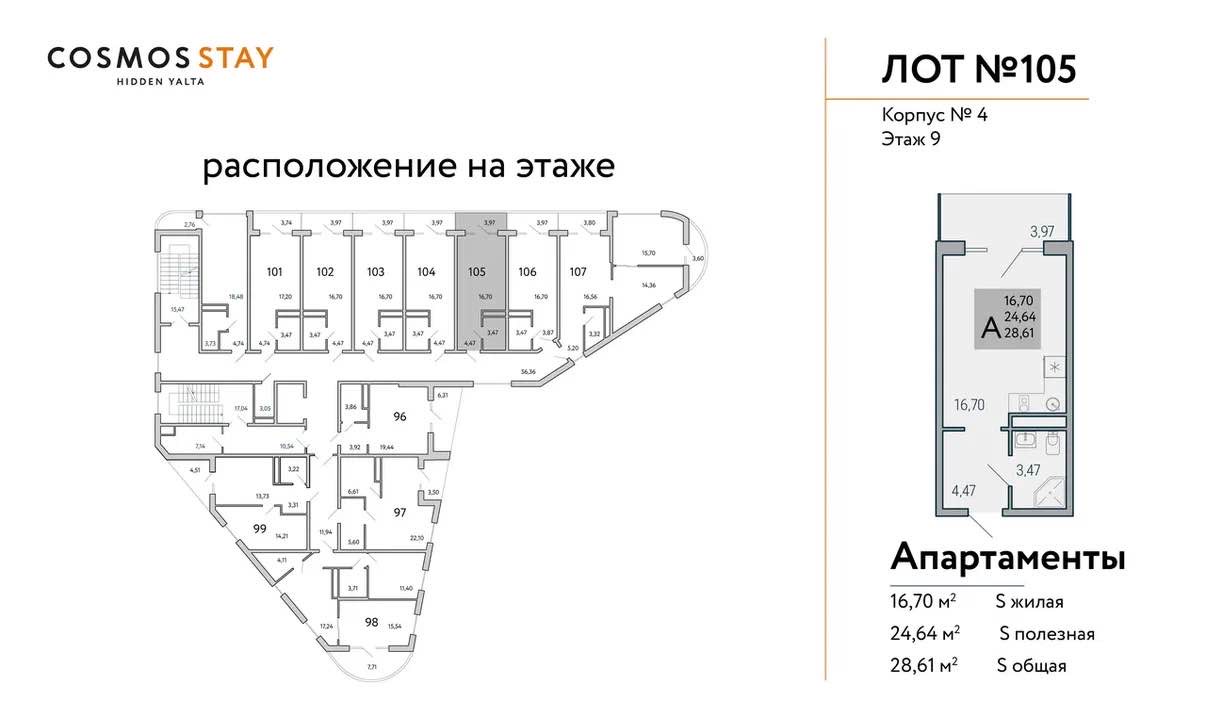 Планировка: 1-комнатная · 28,61 м²