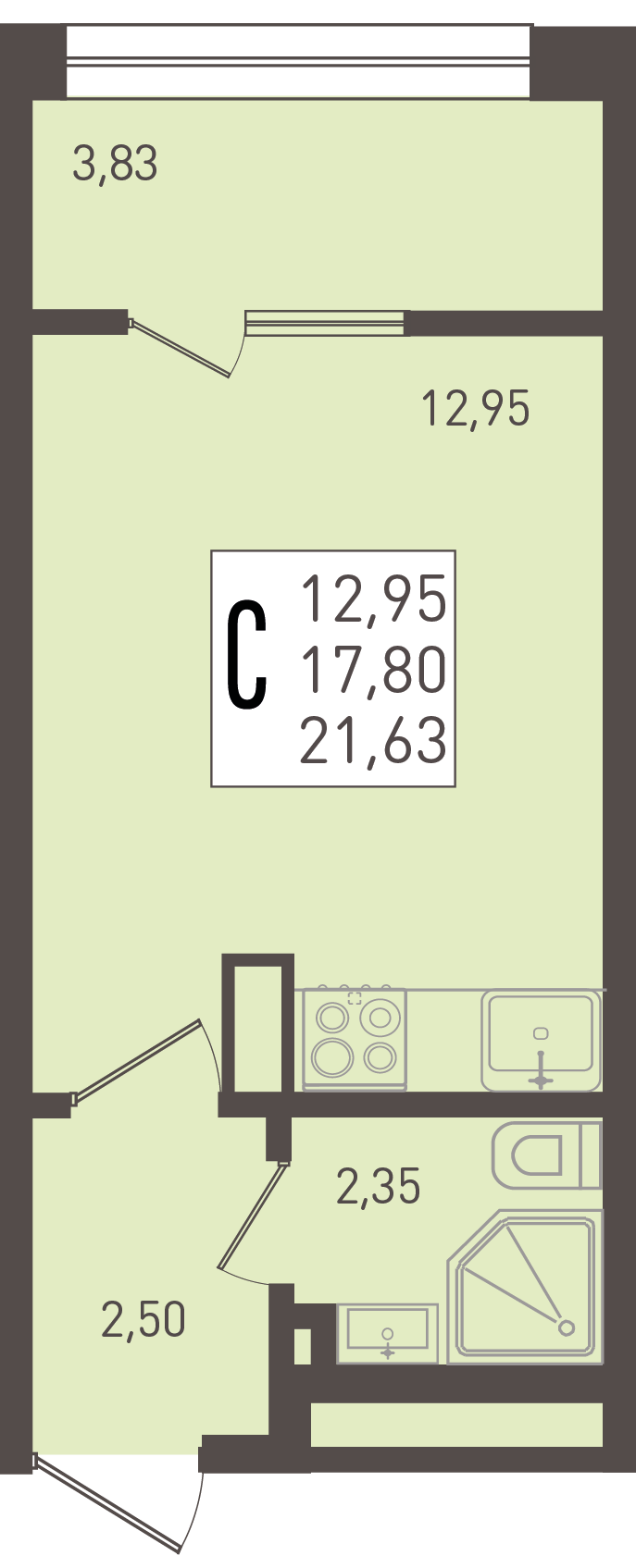 Планировка: Студия · 21,63 м²