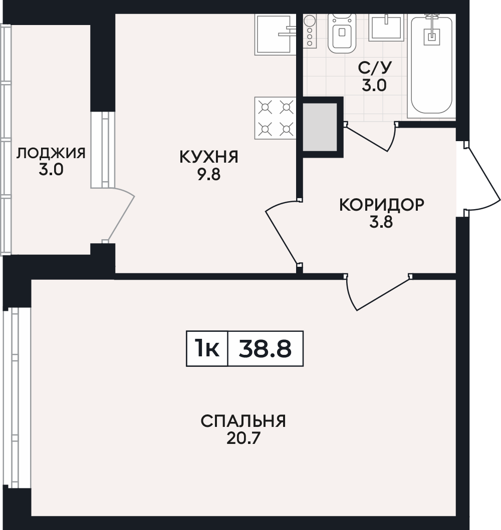 Планировка: 1-комнатная · 38,8 м²