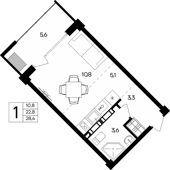 Планировка: 1-комнатная · 28,4 м²