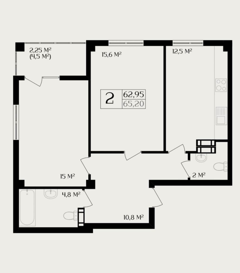 Планировка: 2-комнатная · 62,95 м²