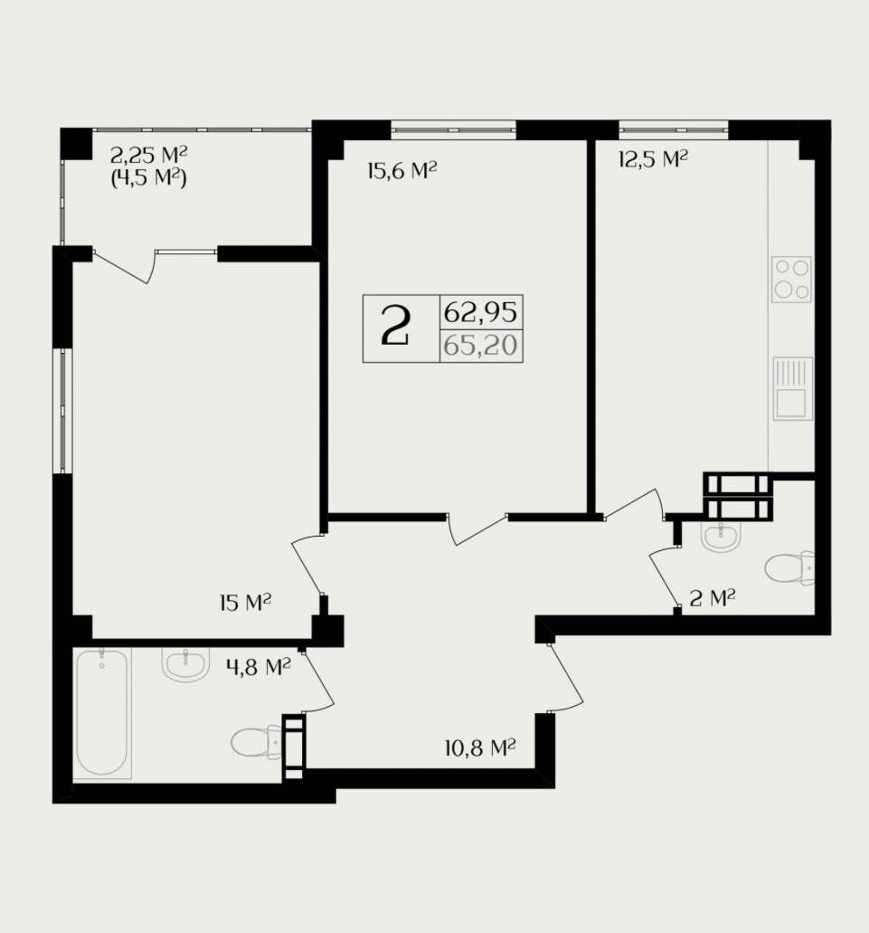 Планировка: 2-комнатная · 62,95 м²