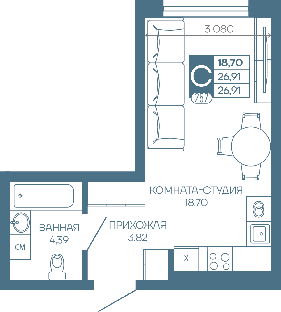 Планировка: Студия · 26,91 м²