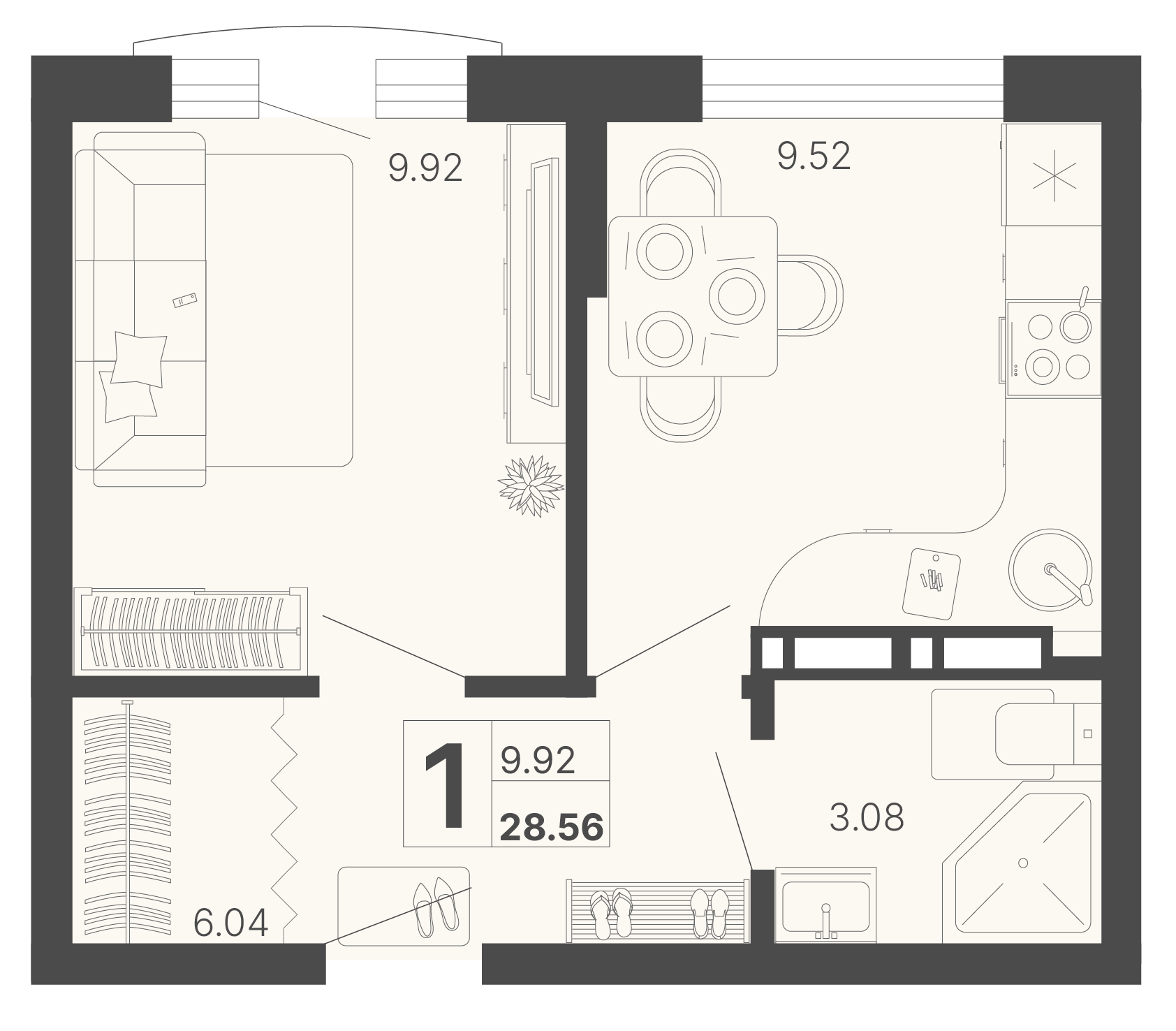 Планировка: 1-комнатная · 28,56 м²
