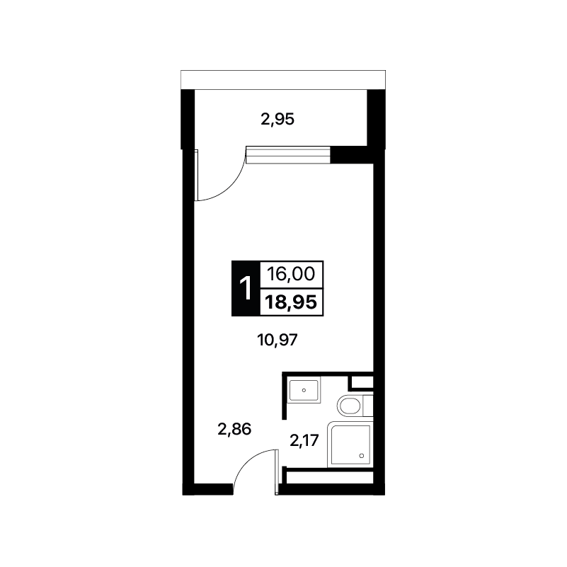 Планировка: Студия · 18,95 м²