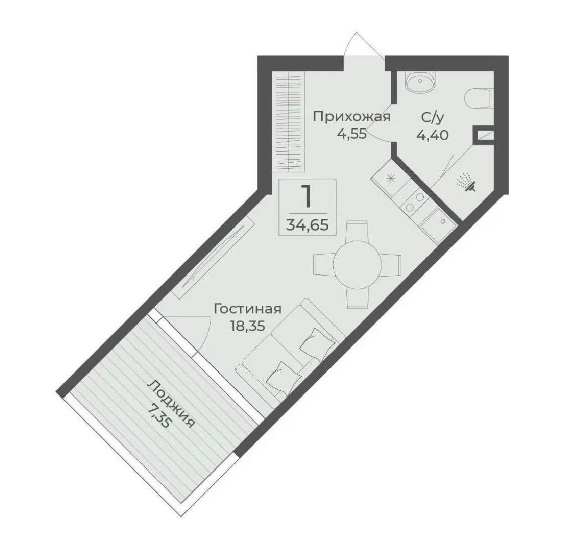 Планировка: 1-комнатная · 34,65 м²