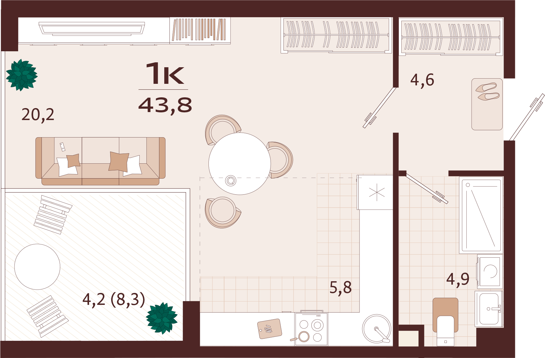 Планировка: 1-комнатная · 43,8 м²