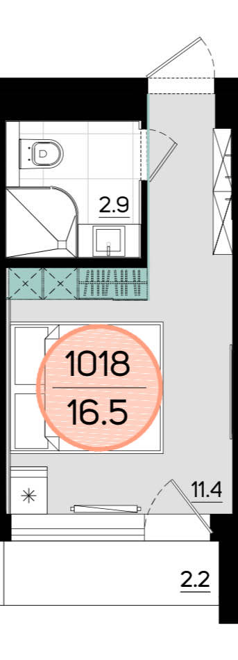 Планировка: 1-комнатная · 16,5 м²