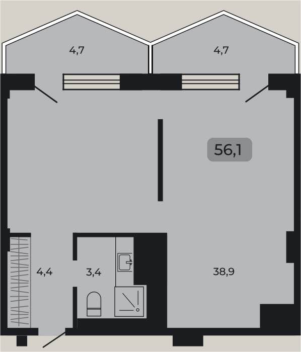 Планировка: Апартаменты · 56,1 м²