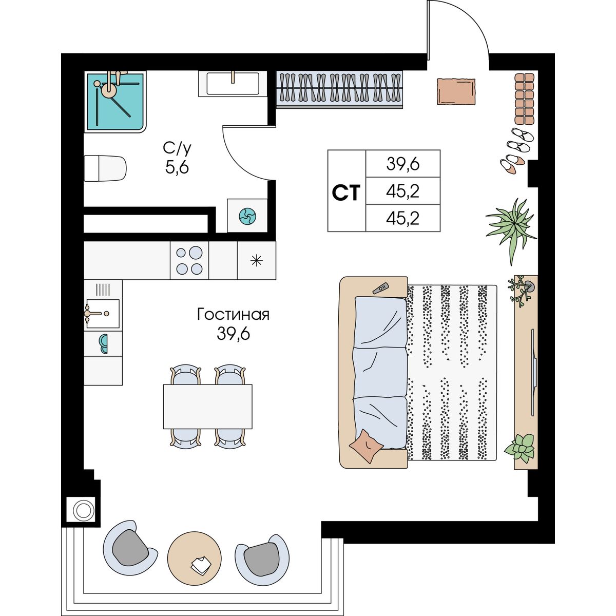 Планировка: Студия · 45,2 м²
