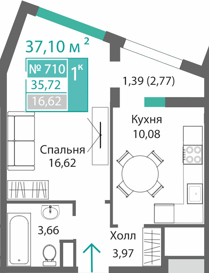 Планировка: 1-комнатная · 35,72 м²