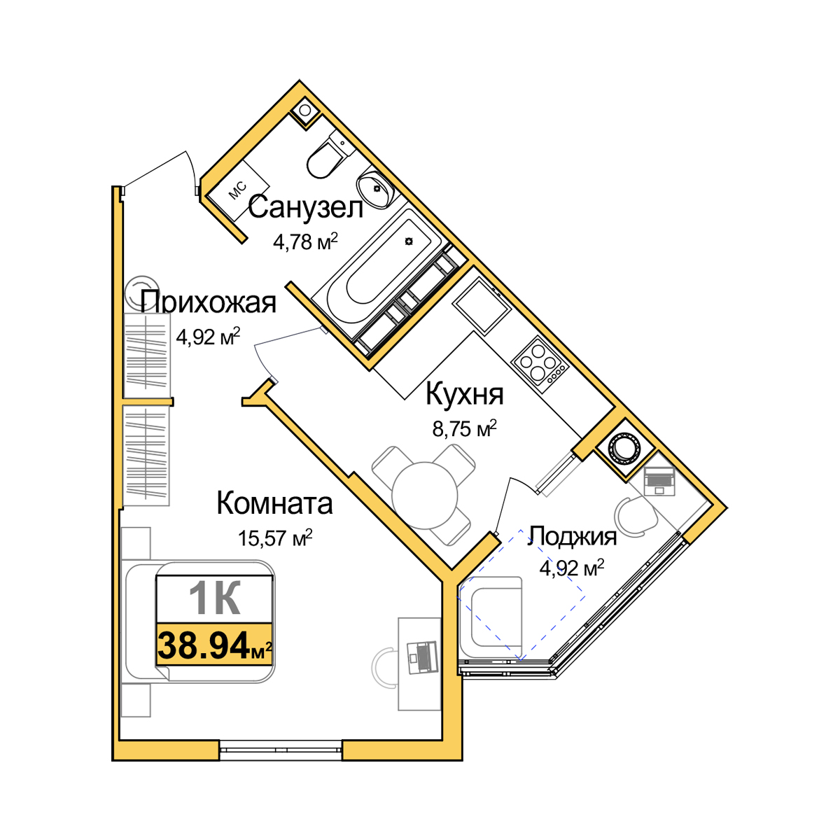Планировка: 1-комнатная · 36,48 м²