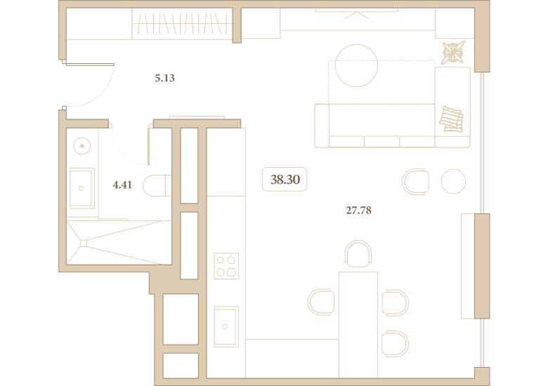 Планировка: Студия · 38,3 м²