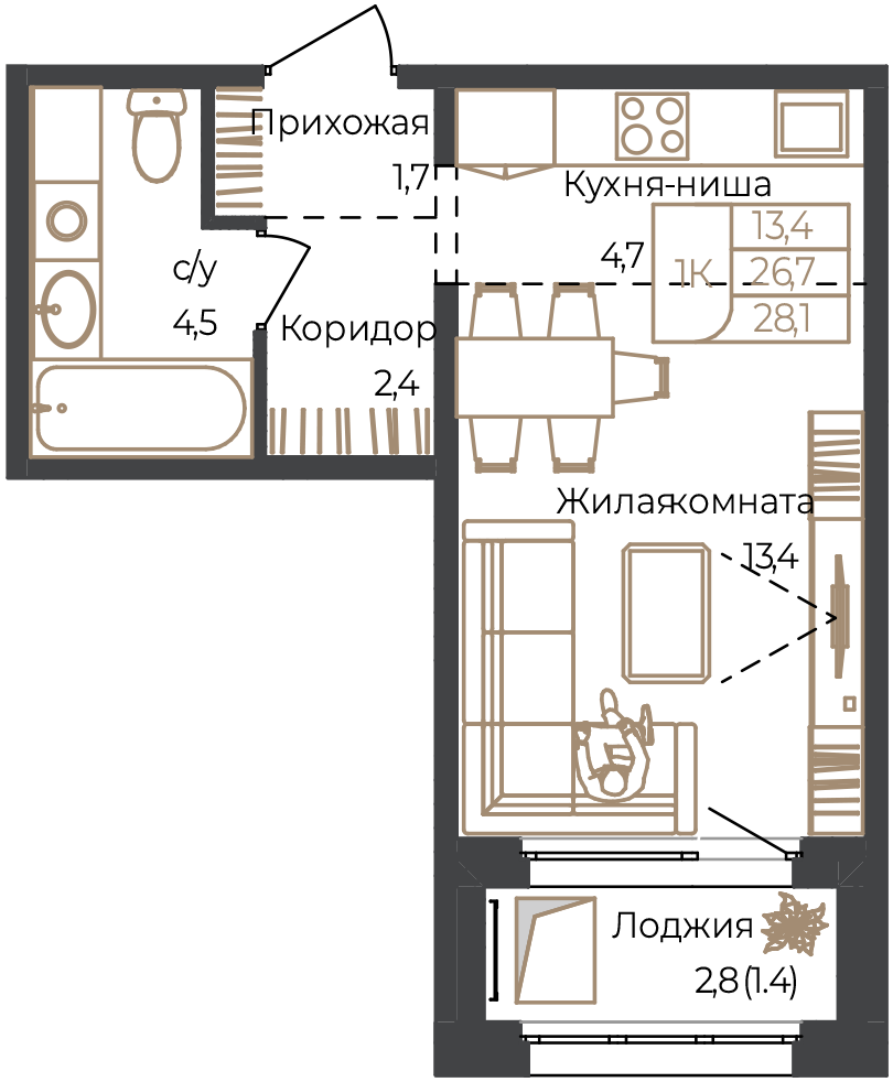 Планировка: 1-комнатная · 28,1 м²