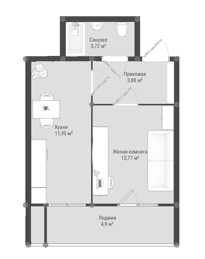 Планировка: 1-комнатная · 34,77 м²