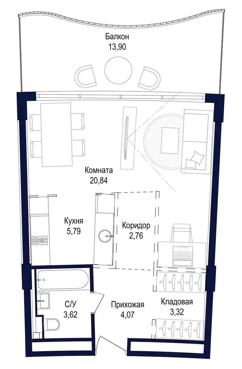 Планировка: Студия · 54,3 м²
