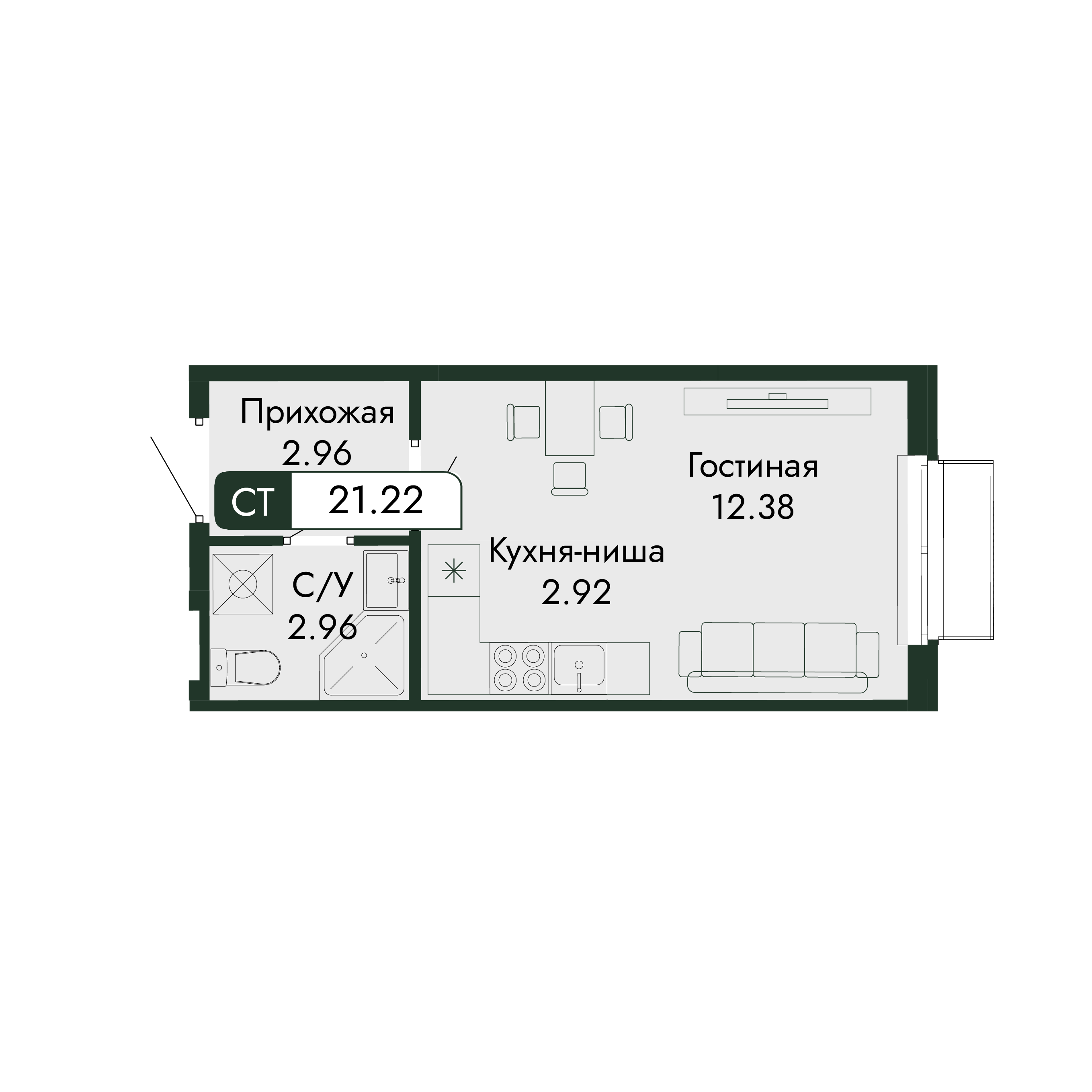 Планировка: Студия · 21,22 м²