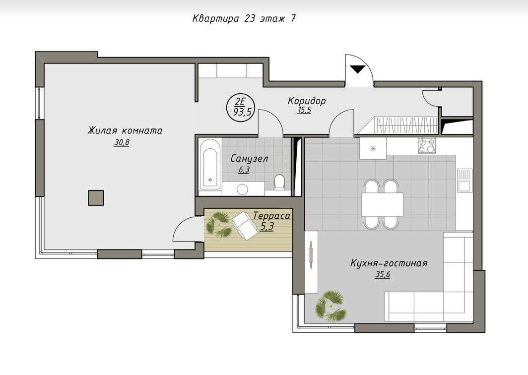 Планировка: 2-комнатная · 93,5 м²