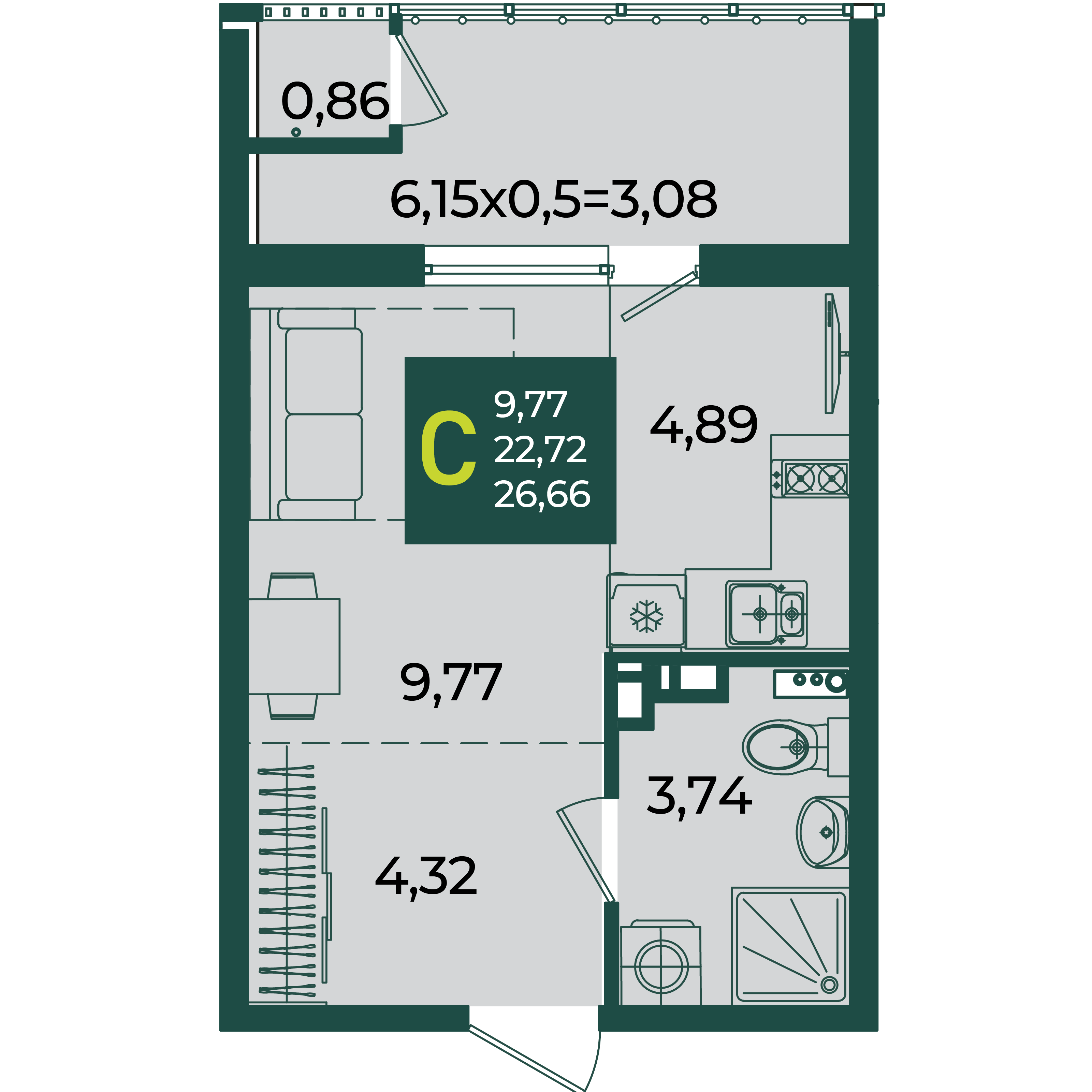 Планировка: Студия · 26,66 м²