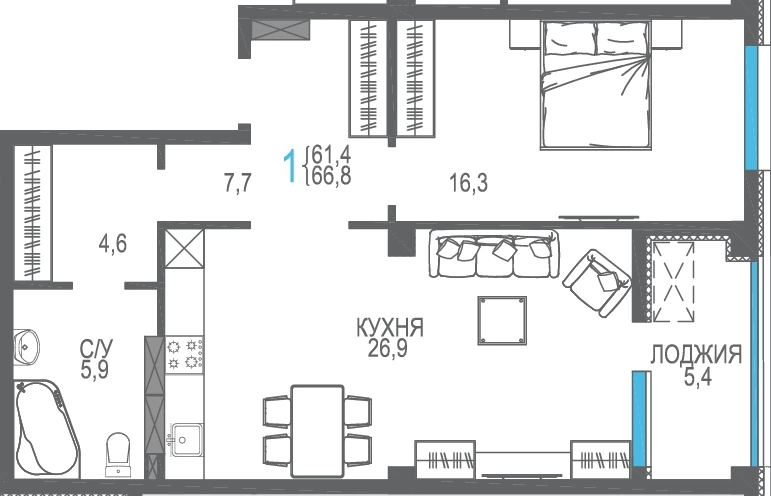 Планировка: 1-комнатная · 66,8 м²