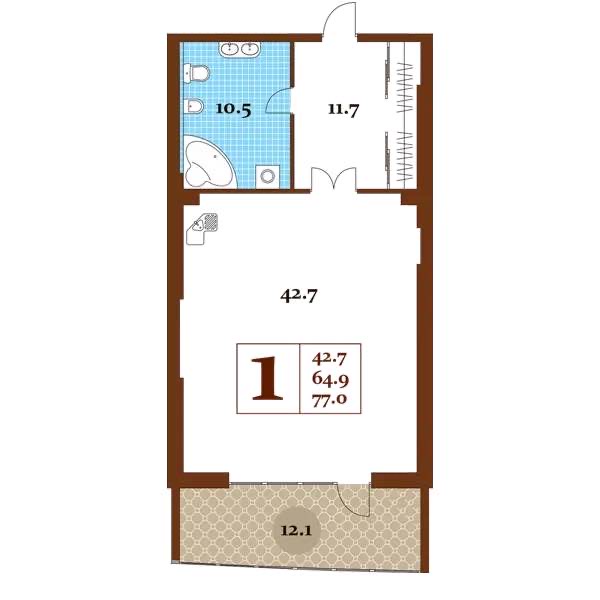 Планировка: 1-комнатная · 77 м²