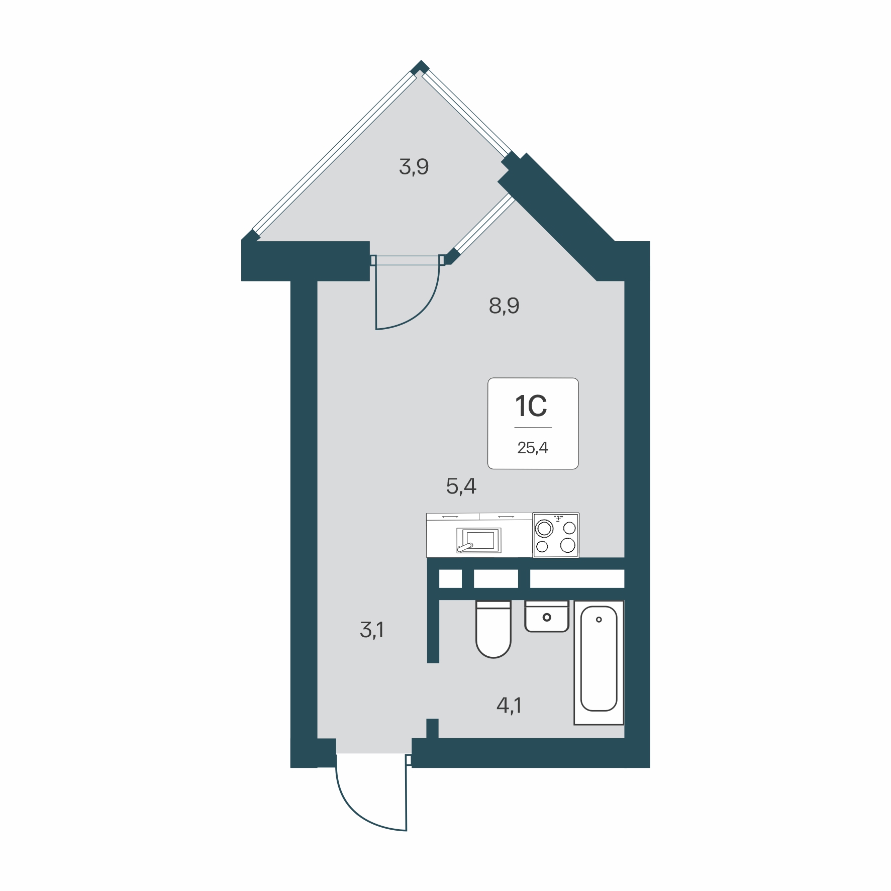 Планировка: Студия · 25,4 м²