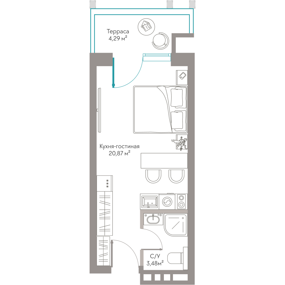 Планировка: Студия · 28,64 м²