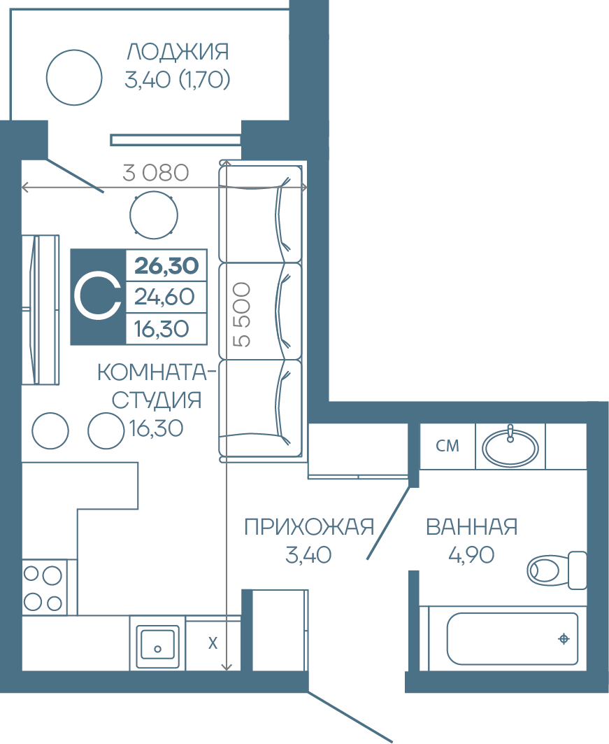 Планировка: Студия · 26,3 м²