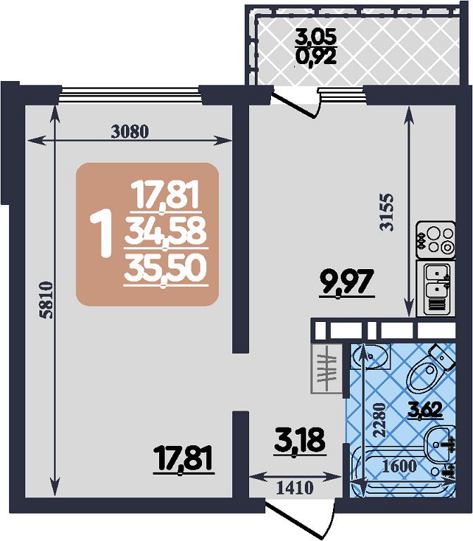 Планировка: 1-комнатная · 35,5 м²
