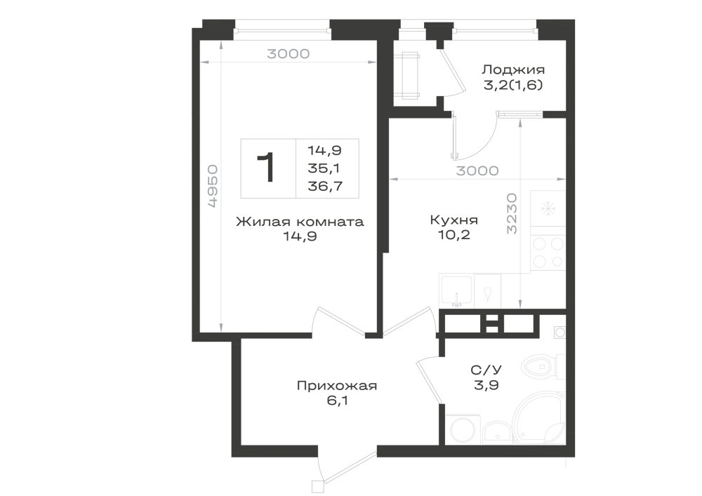Планировка: 1-комнатная · 36,7 м²