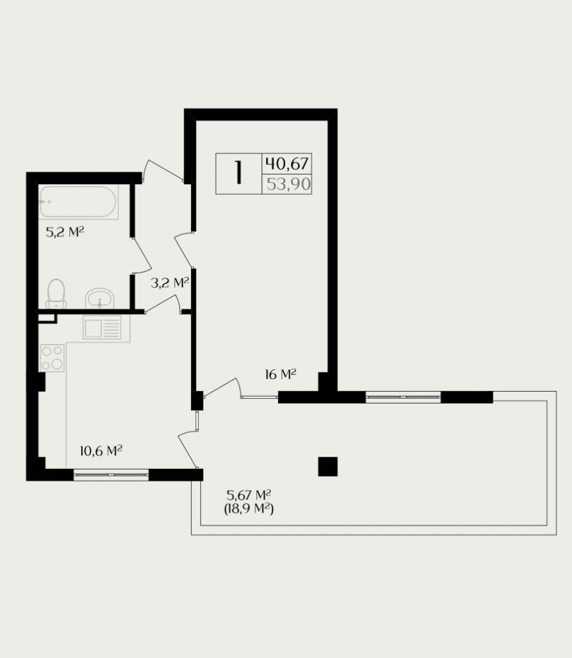 Планировка: 1-комнатная · 40,67 м²