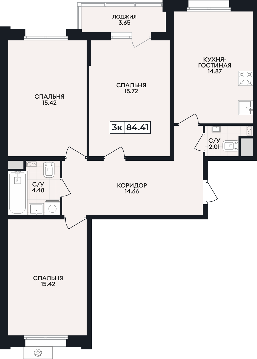 Планировка: 3-комнатная · 84,41 м²