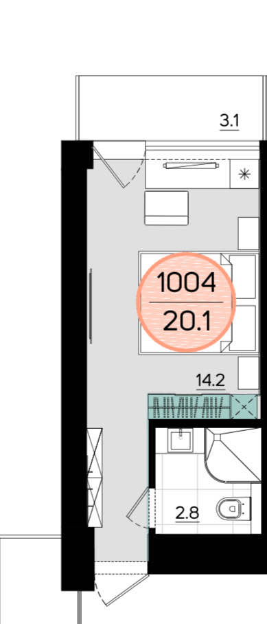 Планировка: 1-комнатная · 20,1 м²