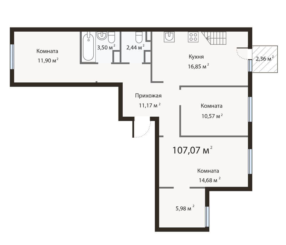 Планировка: 3-комнатная · 107,1 м²