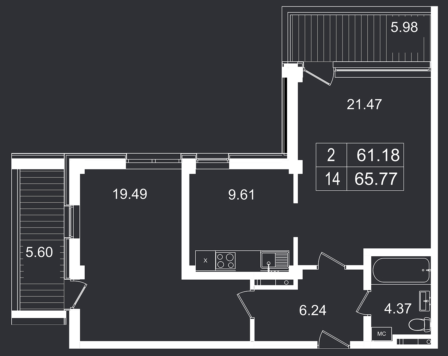 Планировка: 2-комнатная · 65,77 м²