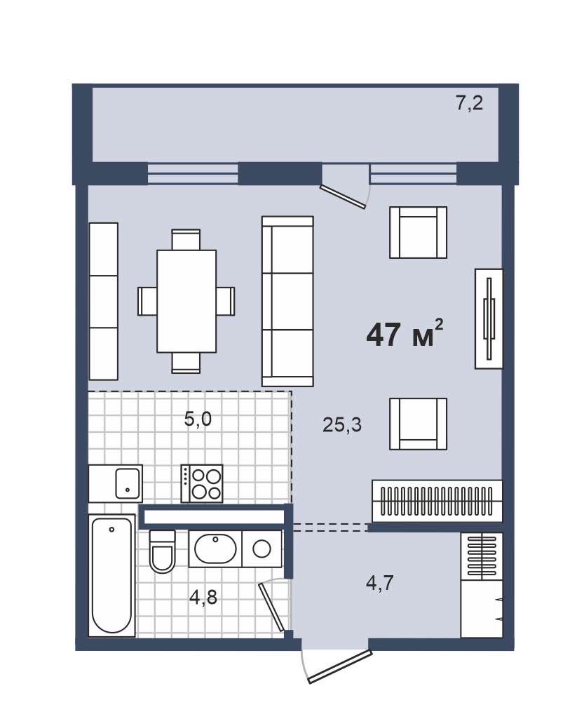 Планировка: 1-комнатная · 46,9 м²