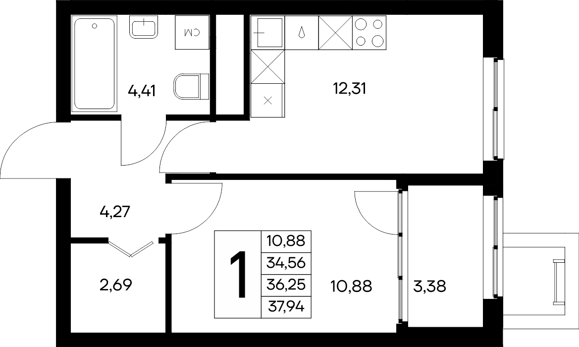Планировка: 1-комнатная · 37,94 м²
