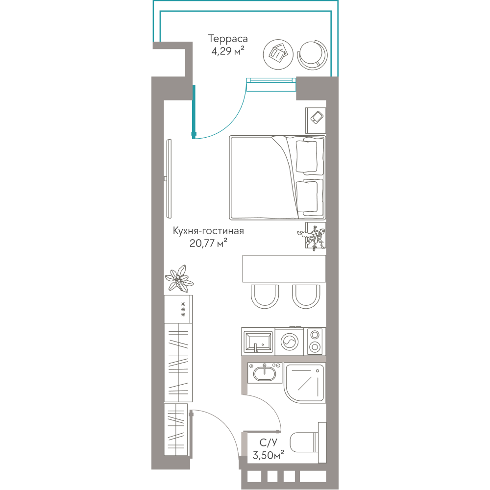 Планировка: Студия · 28,56 м²