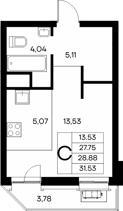 Планировка: Студия · 31,53 м²