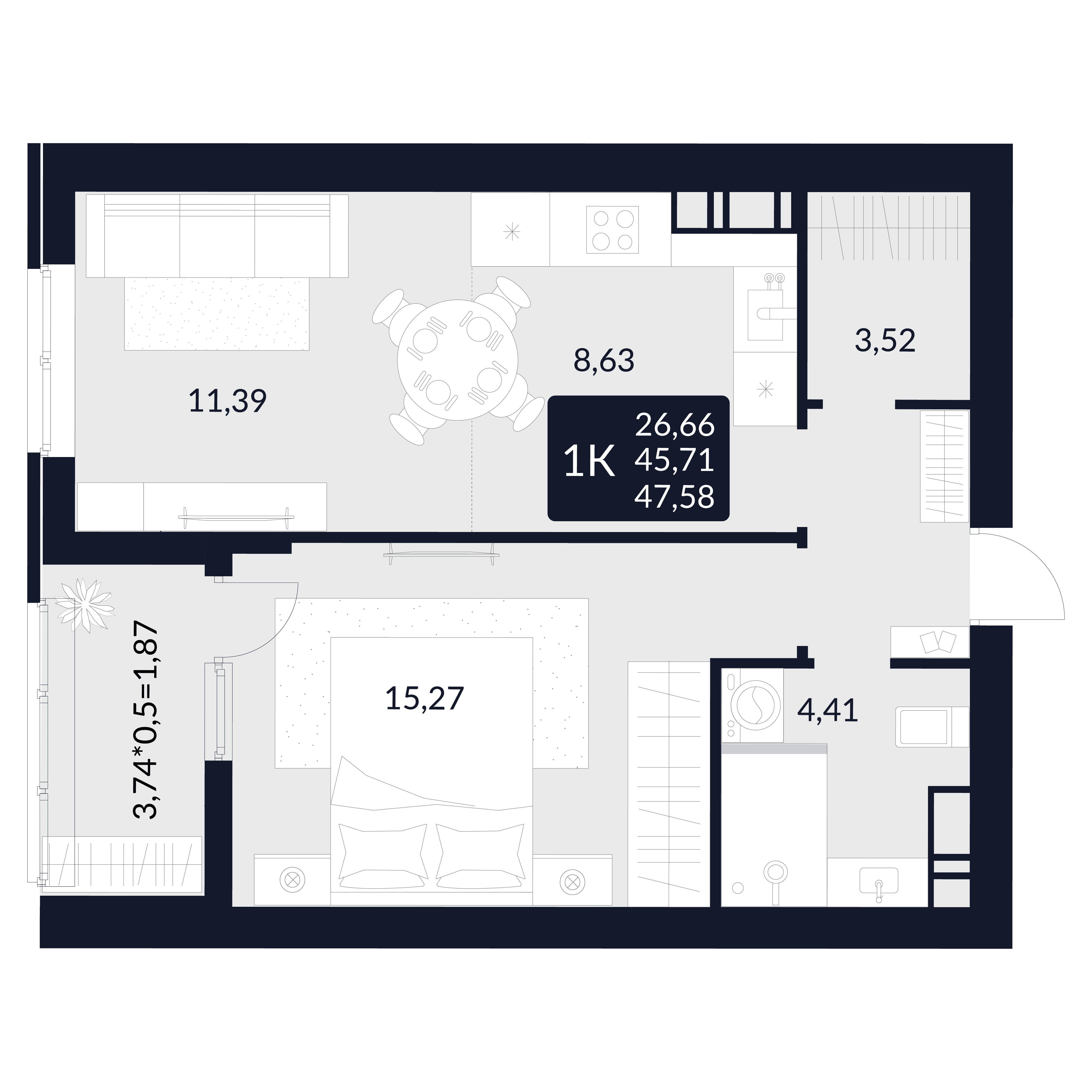 Планировка: 1-комнатная · 47,58 м²