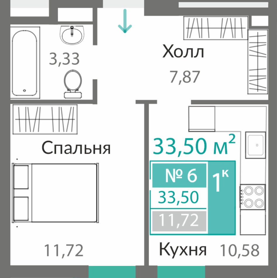 Планировка: 1-комнатная · 33,5 м²