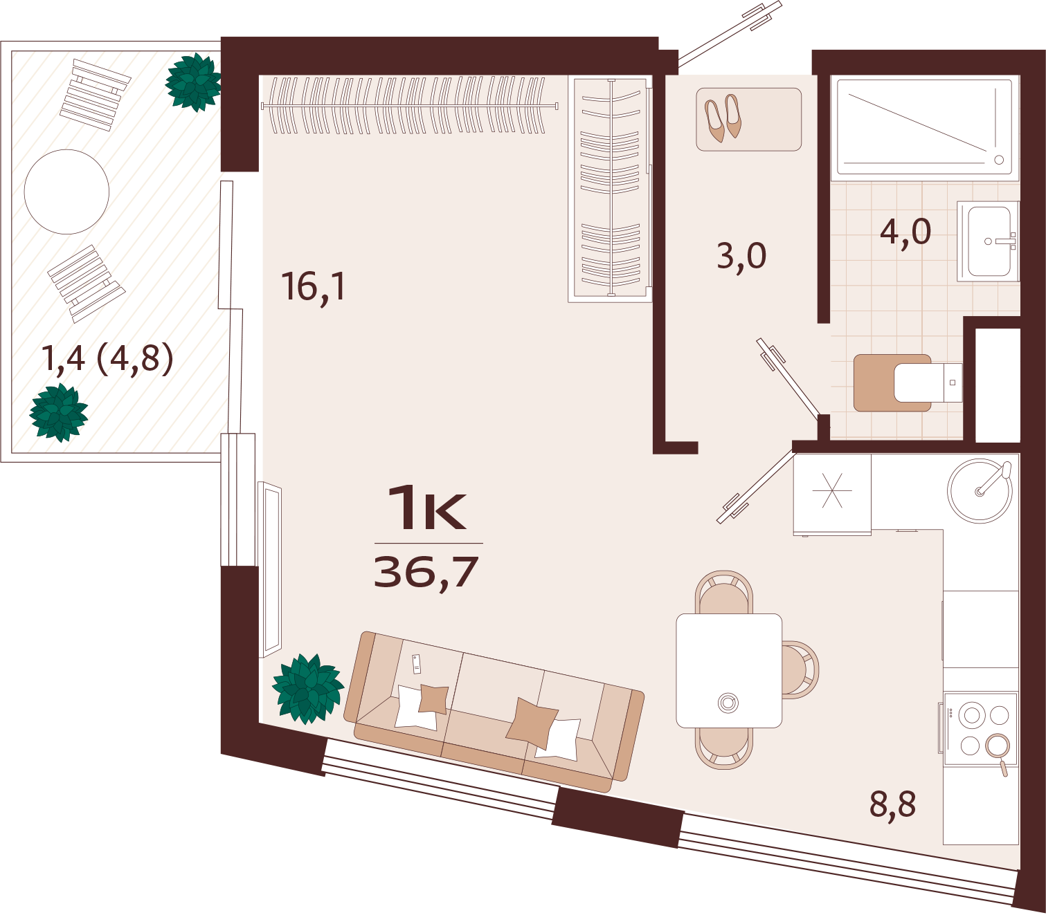 Планировка: 1-комнатная · 36,7 м²