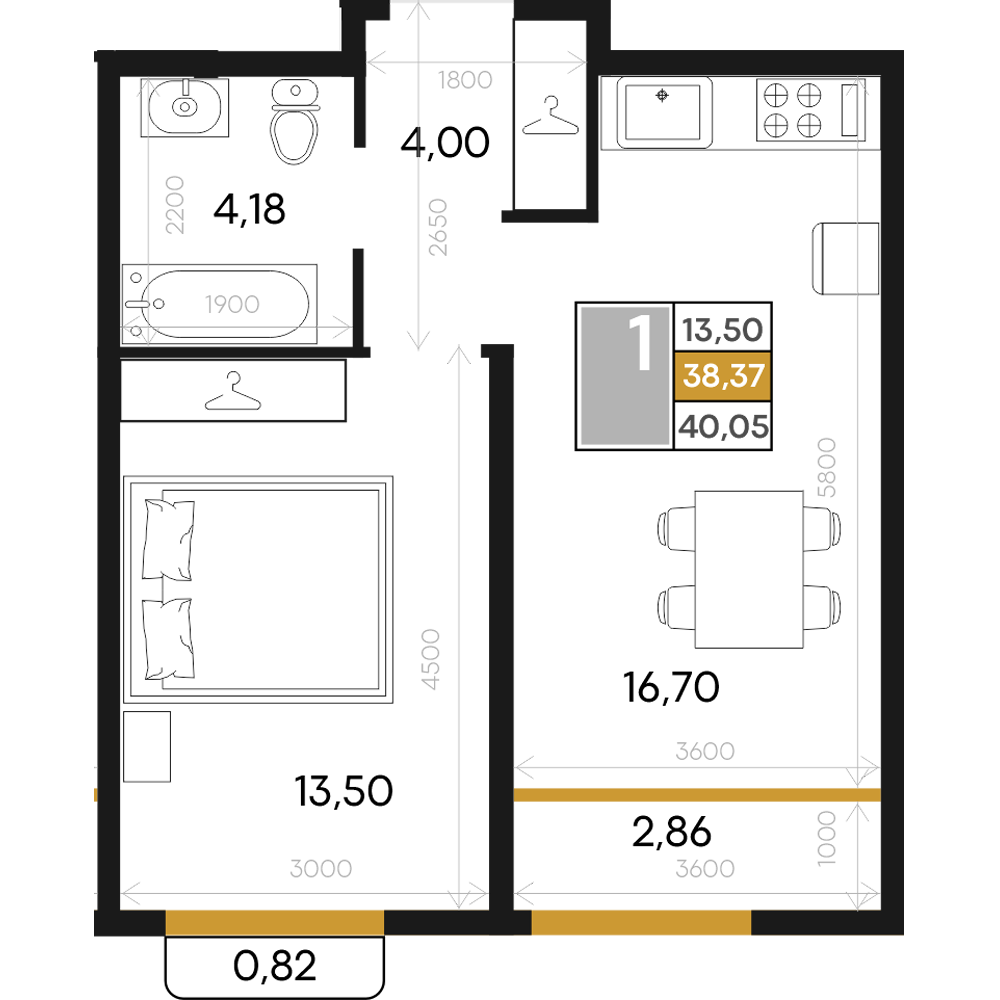 Планировка: 1-комнатная · 40,04 м²
