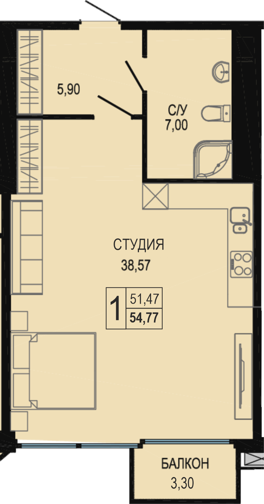 Планировка: Апартаменты · 56,4 м²