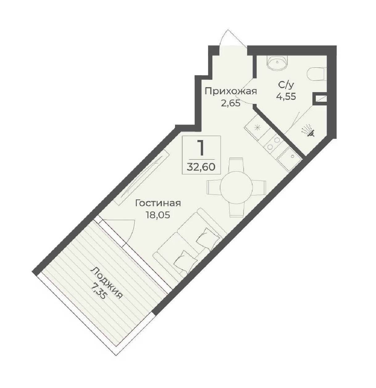 Планировка: 1-комнатная · 32,6 м²
