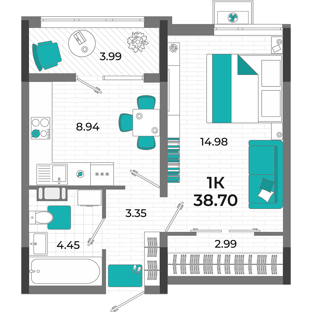 Планировка: 1-комнатная · 38,7 м²