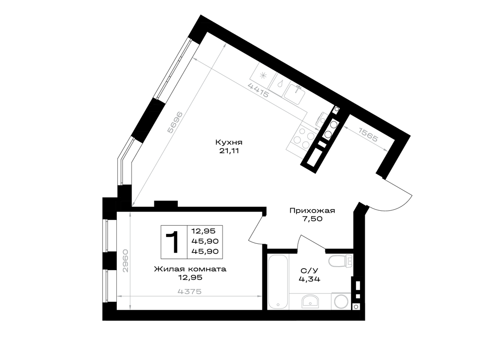 Планировка: 1-комнатная · 45,9 м²