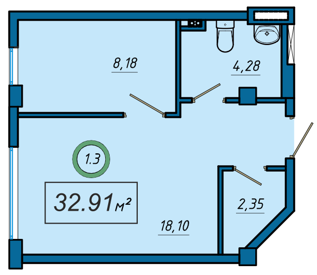 Планировка: 3-комнатная · 32,91 м²