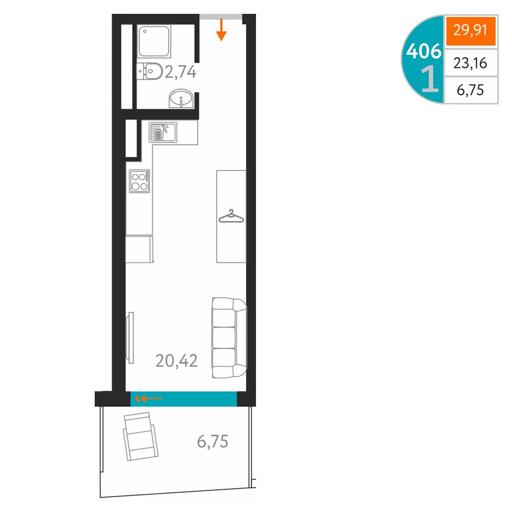 Планировка: Апартаменты · 29,91 м²
