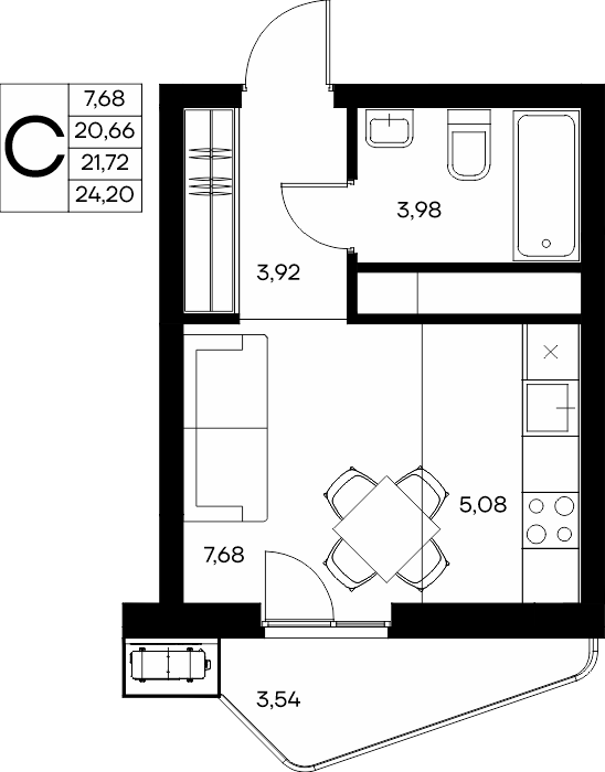 Планировка: Студия · 24,53 м²